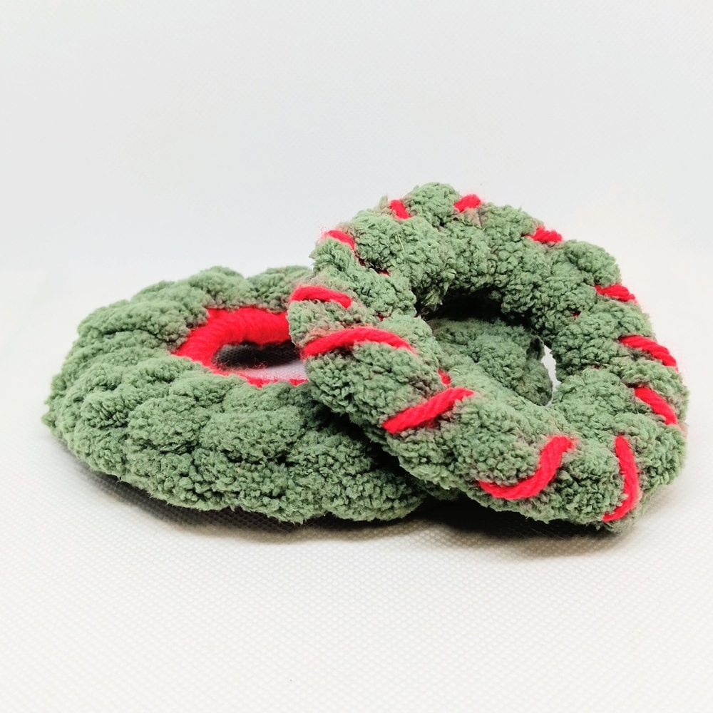 HANDMADE Green & Red Hand Crocheted Christmas Holiday Hair Scrunchies 2pk
